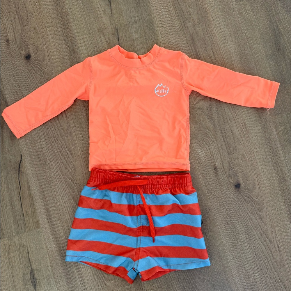 Kids Neon Orange Rash Guard and Red-Blue Stripe Swim Shorts Set
